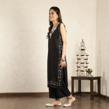 Black Mirror work Embroidered chanderi Suit set with dupatta