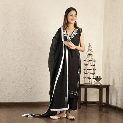 Black Mirror work Embroidered chanderi Suit set with dupatta