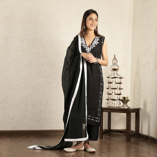 Black Mirror work Embroidered chanderi Suit set with dupatta