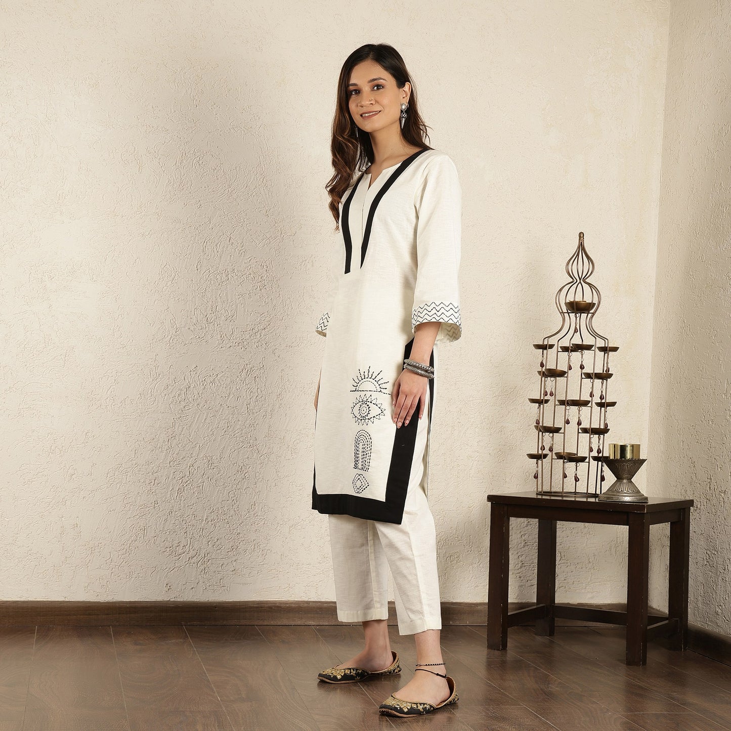Off-White Embroidered Cotton Linen Suit Set