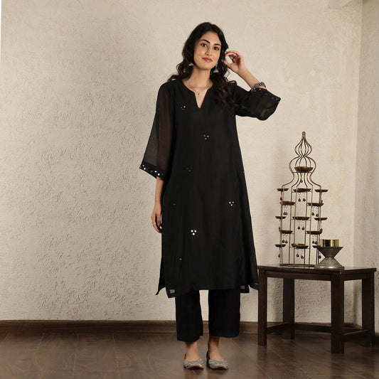 Black Chanderi mirrorwork kurta