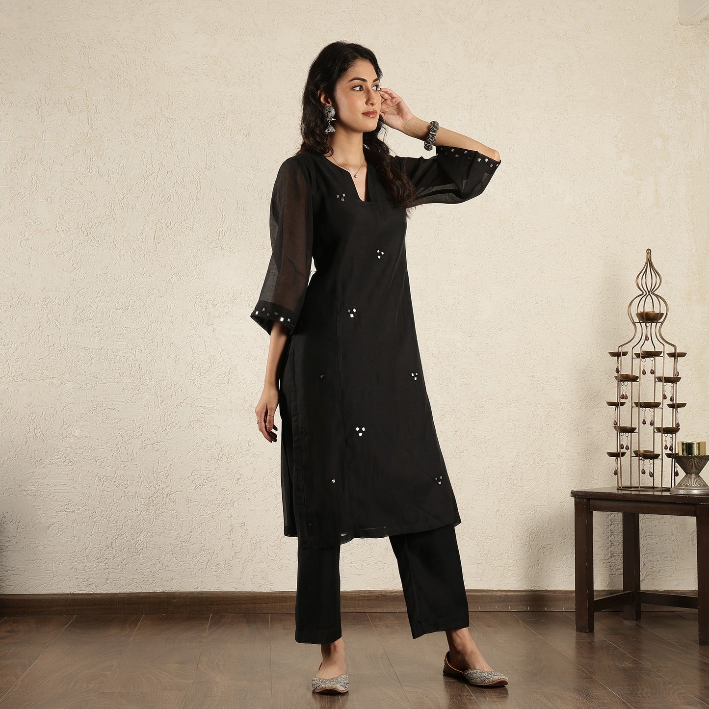 Black Chanderi mirrorwork kurta