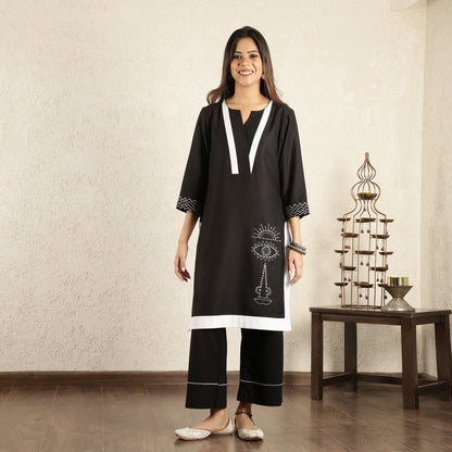 Black Embroidered Cotton Suit Set