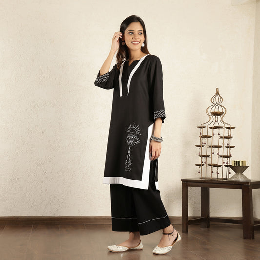 Black Embroidered Cotton Suit Set