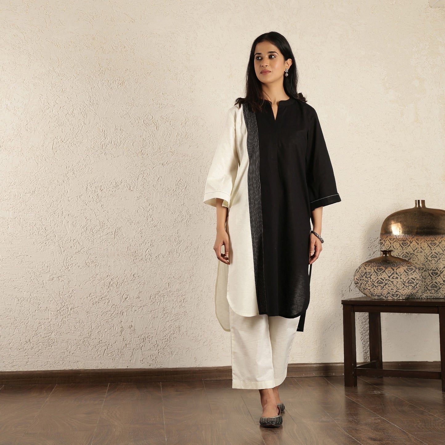 Black & White Embroidered Cotton Linen Suit Set