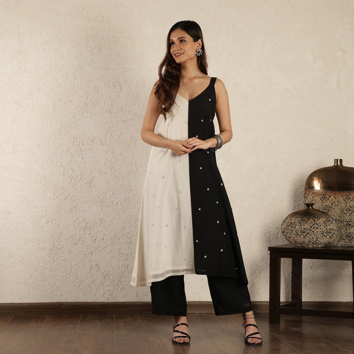 Black & Off white color block Kurta