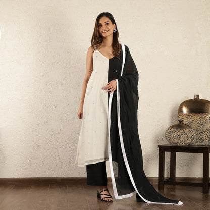 Black & White Color block Chanderi Suit set with dupatta