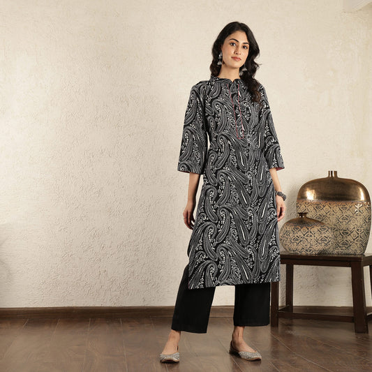 Black Printed Cotton Suit Set