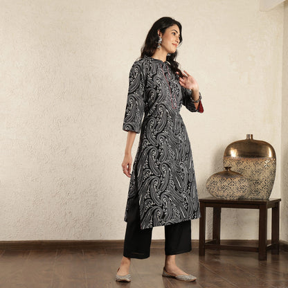 Black Printed Cotton Suit Set