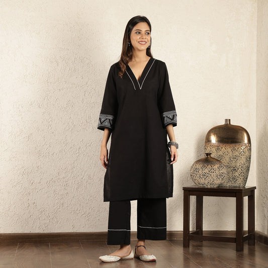 Black Kantha Embroidered Cotton Linen Suit Set