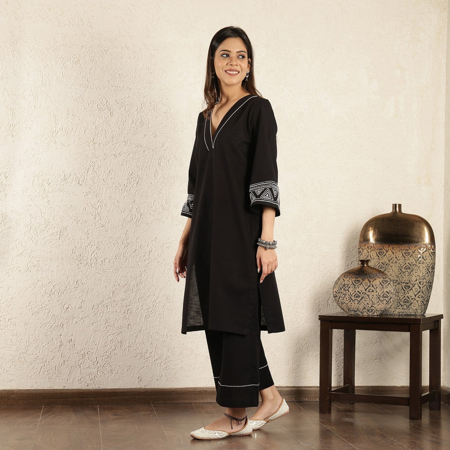 Black Kantha Embroidered Cotton Linen Suit Set