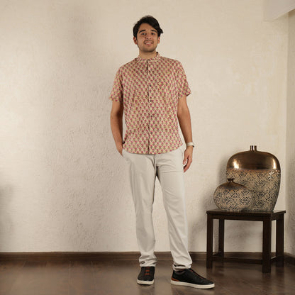Beige printed Band collared Men's printed shirt