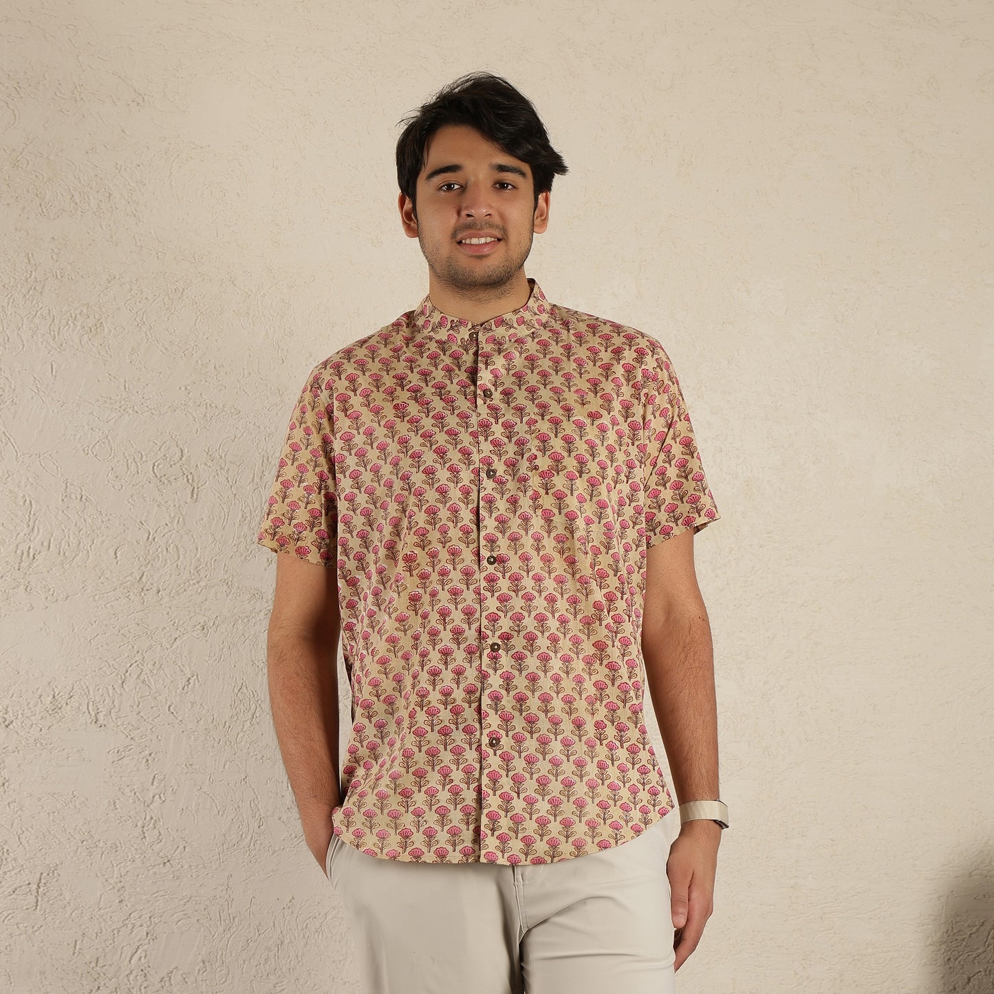 Beige printed Band collared Men's printed shirt