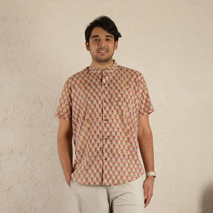 Beige printed Band collared Men's printed shirt