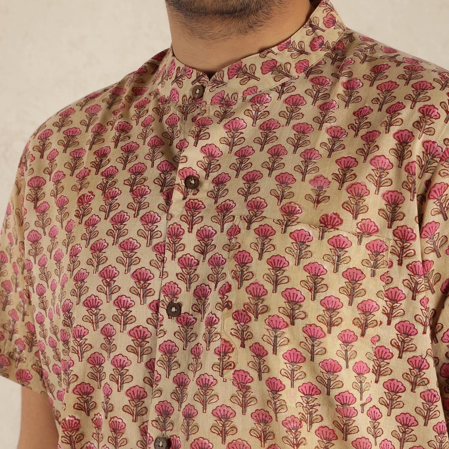 Beige printed Band collared Men's printed shirt