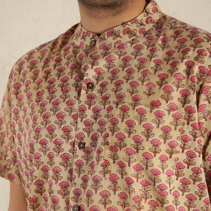 Beige printed Band collared Men's printed shirt