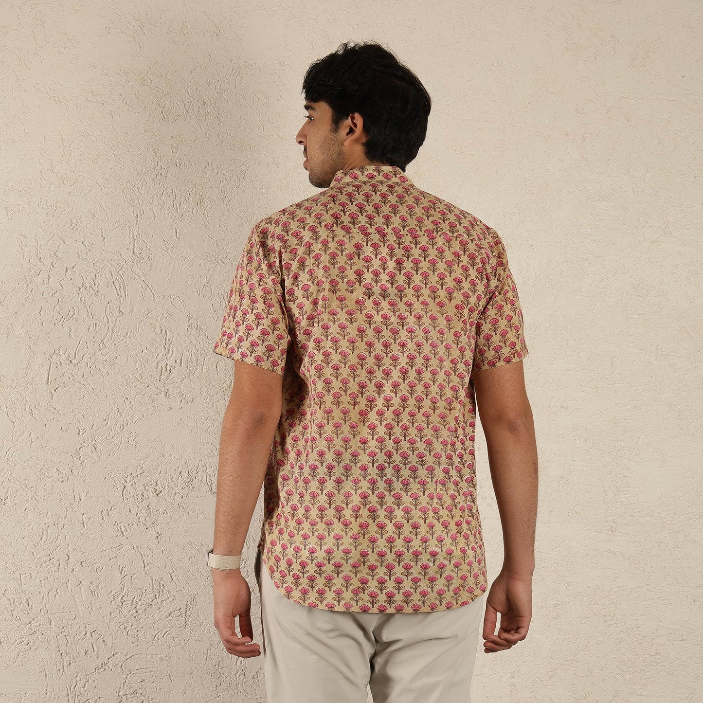 Beige printed Band collared Men's printed shirt