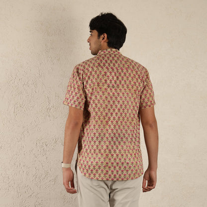 Beige printed Band collared Men's printed shirt