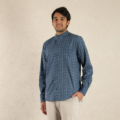 Indigo Band collared Men's printed shirt with full sleeves
