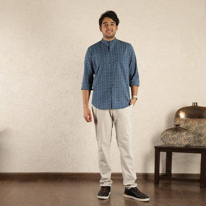 Indigo Band collared Men's printed shirt with full sleeves