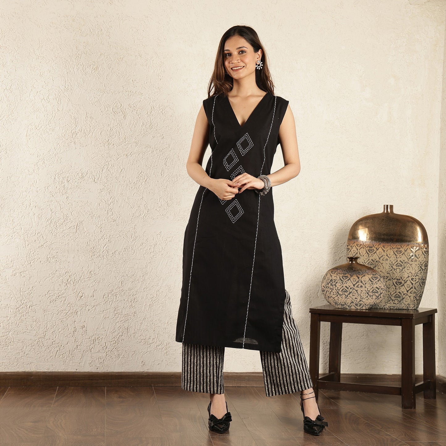 Black Hand Embroidered Suit Set with Trousers