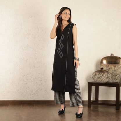 Black Hand Embroidered Suit Set with Trousers