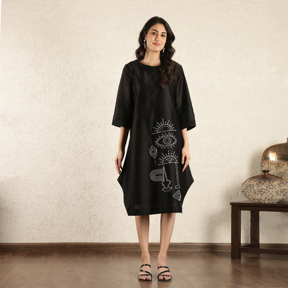 Black Chanderi Silk Hand embroidered dress