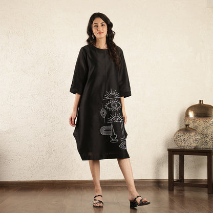 Black Chanderi Silk Hand embroidered dress