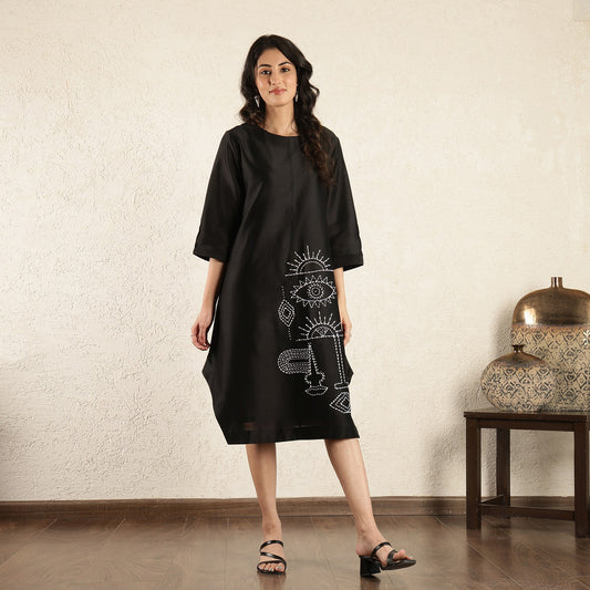 Black Chanderi Silk Hand embroidered dress