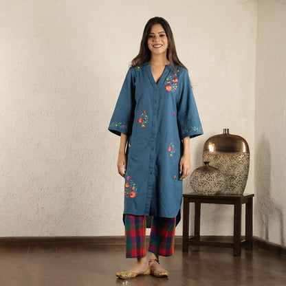 Blue embroidered Suit Set with Checked Trousers