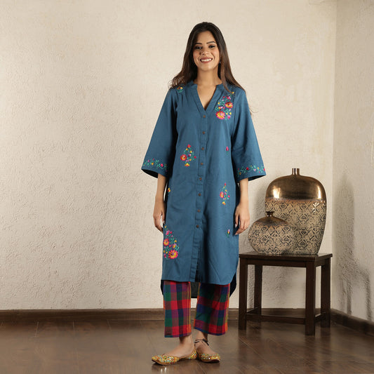 Blue embroidered Suit Set with Checked Trousers