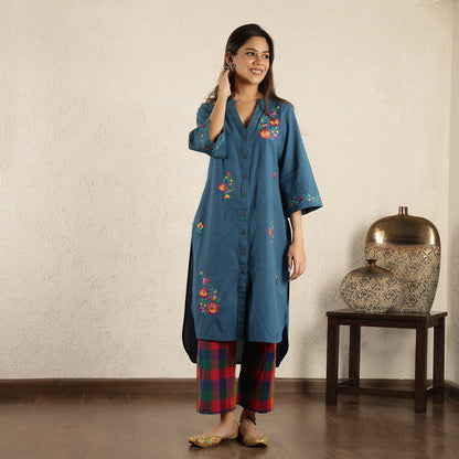 Blue embroidered Suit Set with Checked Trousers
