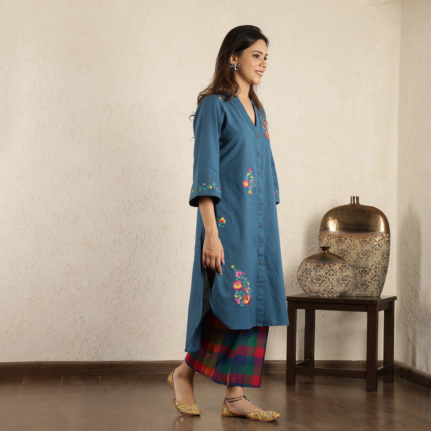 Blue embroidered Suit Set with Checked Trousers