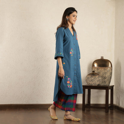 Blue embroidered Suit Set with Checked Trousers