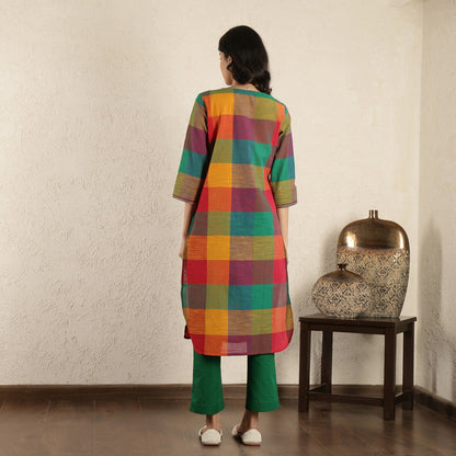 Multicoloured checked Floral embroidered kurta