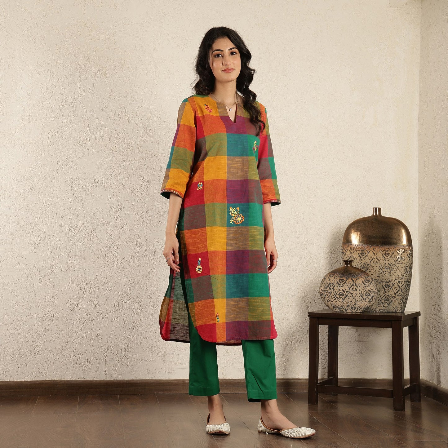 Multicoloured checked Floral embroidered kurta
