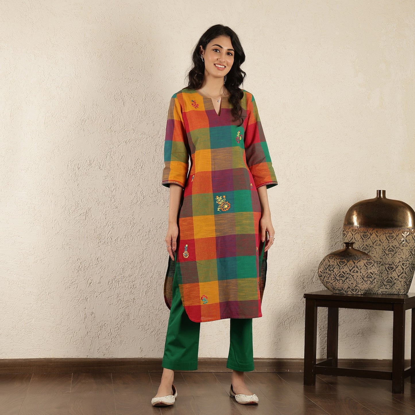 Multicoloured checked Floral embroidered kurta
