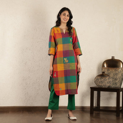 Multicoloured checked Floral embroidered kurta