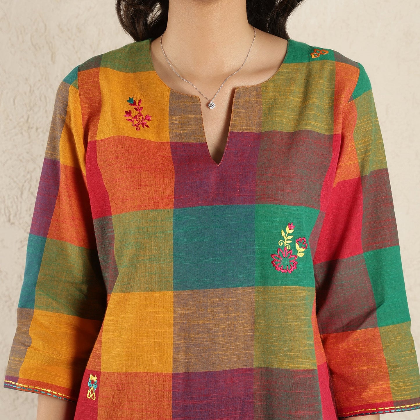 Multicoloured checked Floral embroidered kurta