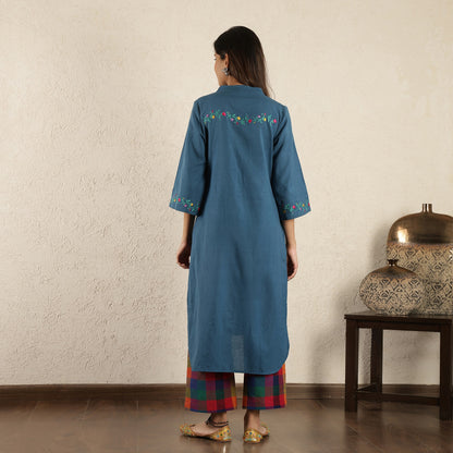 Blue embroidered Suit Set with Checked Trousers