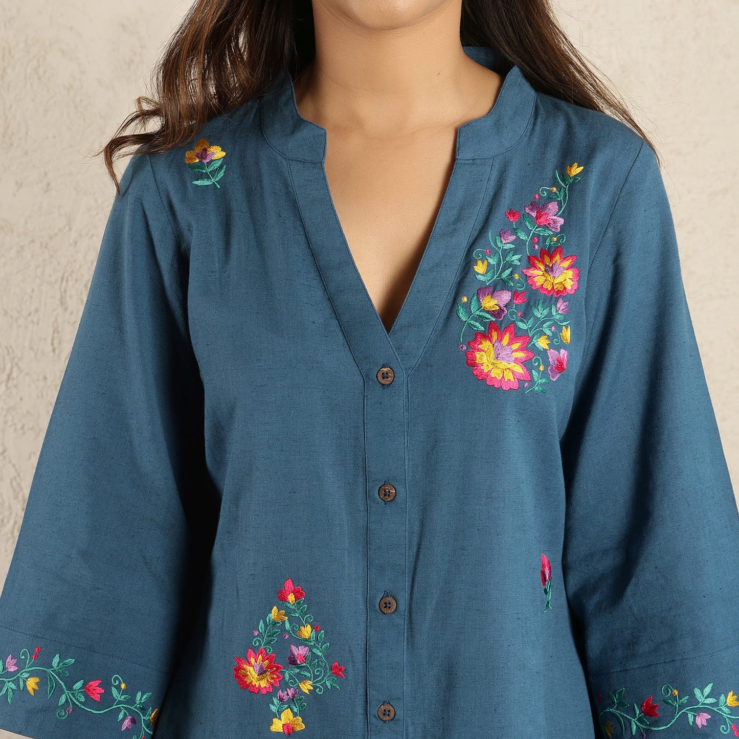 Blue embroidered Suit Set with Checked Trousers