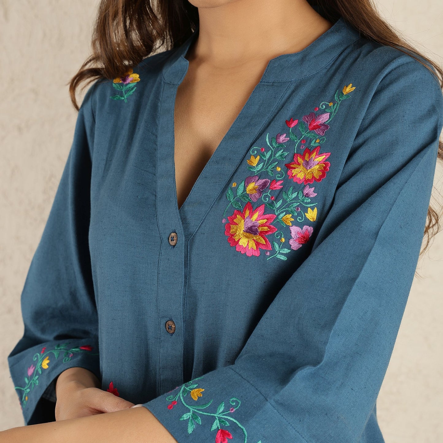 Blue embroidered Suit Set with Checked Trousers