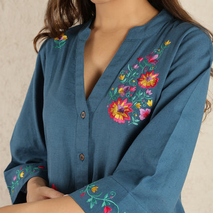 Blue embroidered Suit Set with Checked Trousers