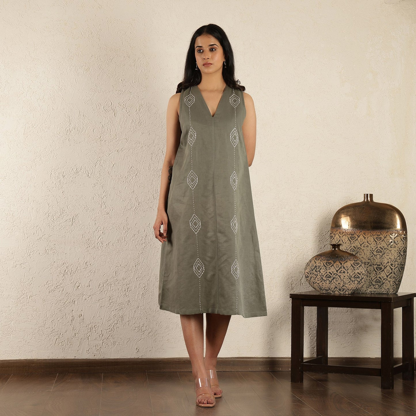 Olive Hand embroidered Dress
