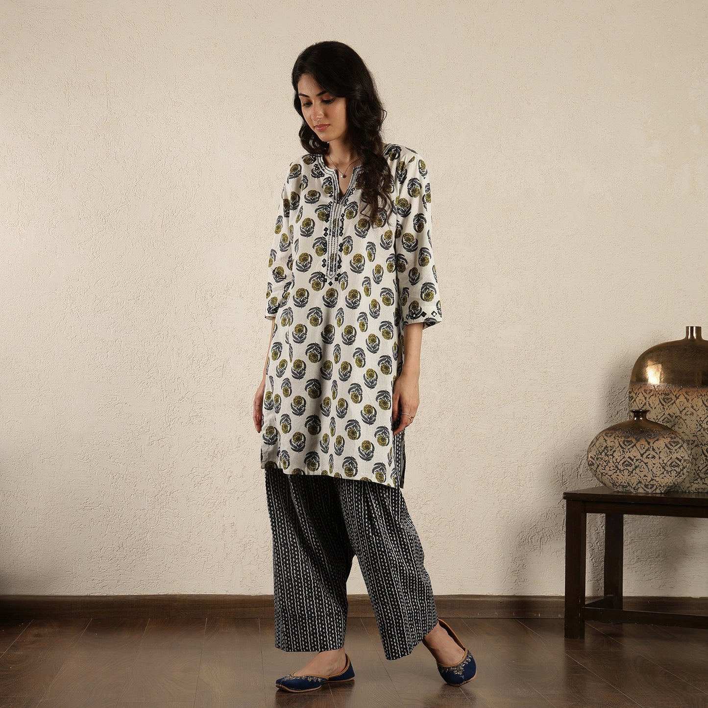 White Floral Printed Kurta Set with Salwar