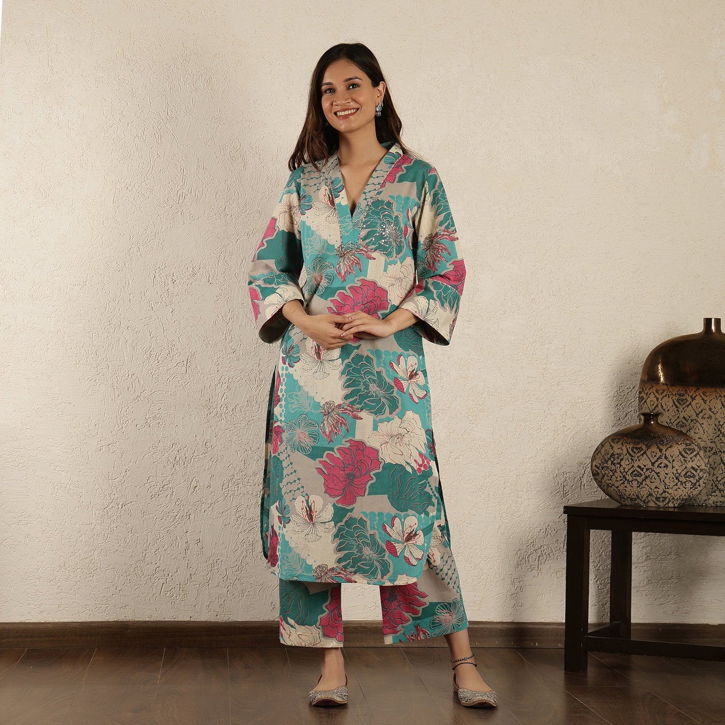 Teal Kurta with embroidered Sleeves