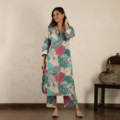 Teal Kurta with embroidered Sleeves