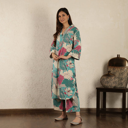 Teal Kurta with embroidered Sleeves
