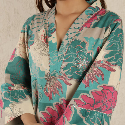 Teal Kurta with embroidered Sleeves