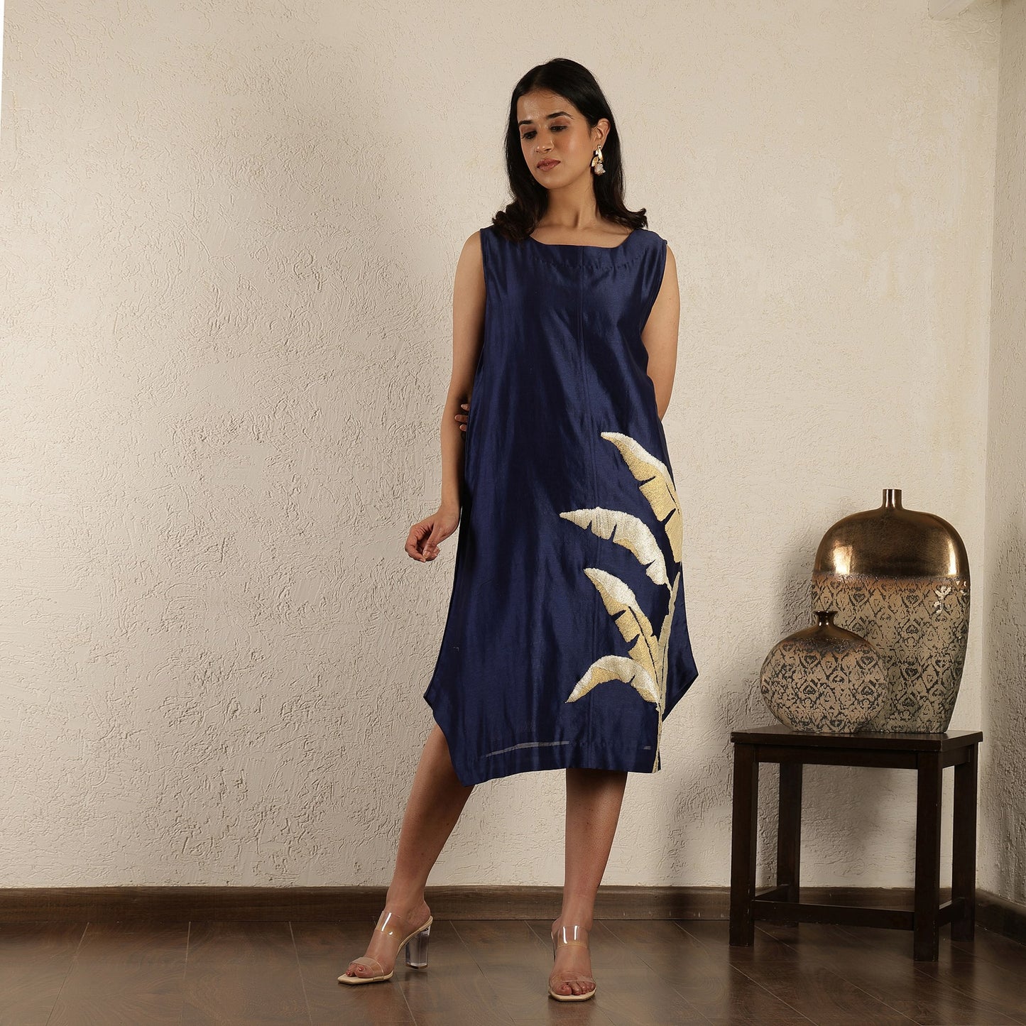 Blue Chanderi Embroidered Dress